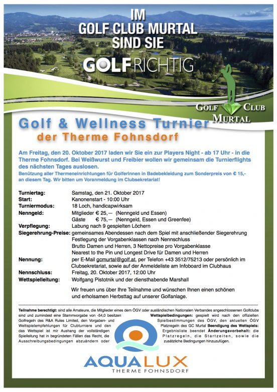 Ausschreibung Golf und Wellness Turnier 2017