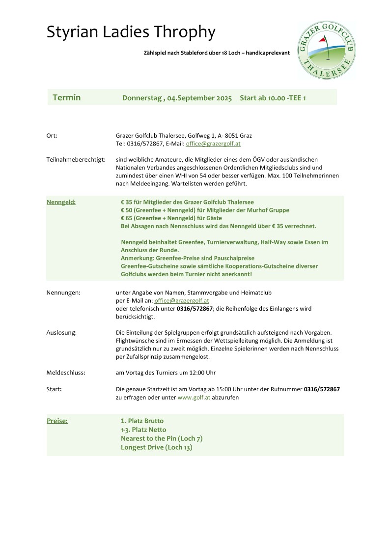 Ausschreibung Styrian Ladies Trophy 2025